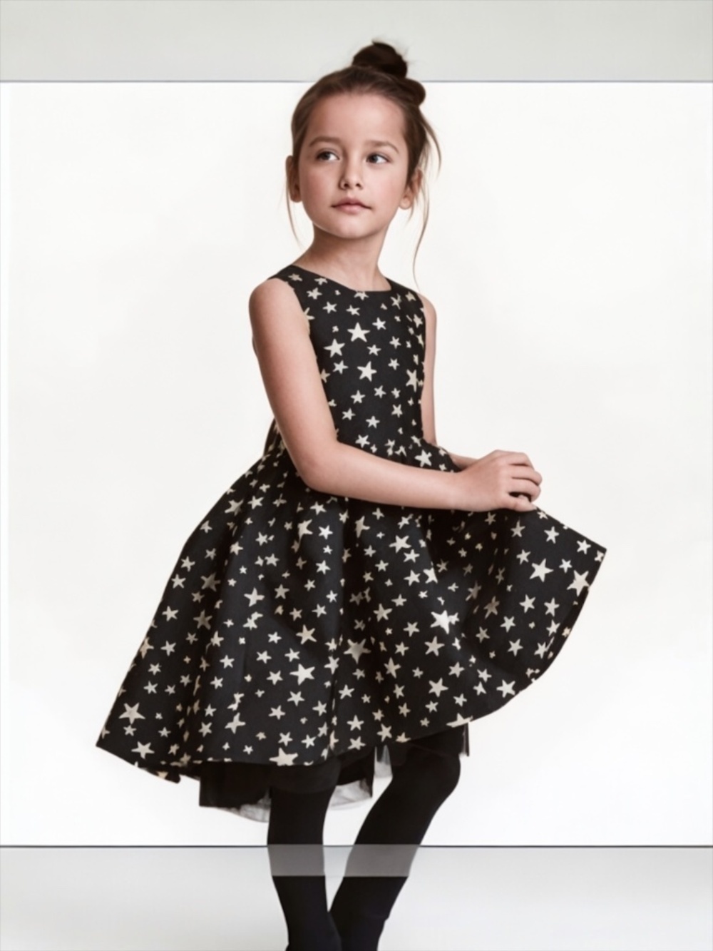 H&M Black High-Low Dress with Gold stars Volume Skirt sleeveless Size 7-8